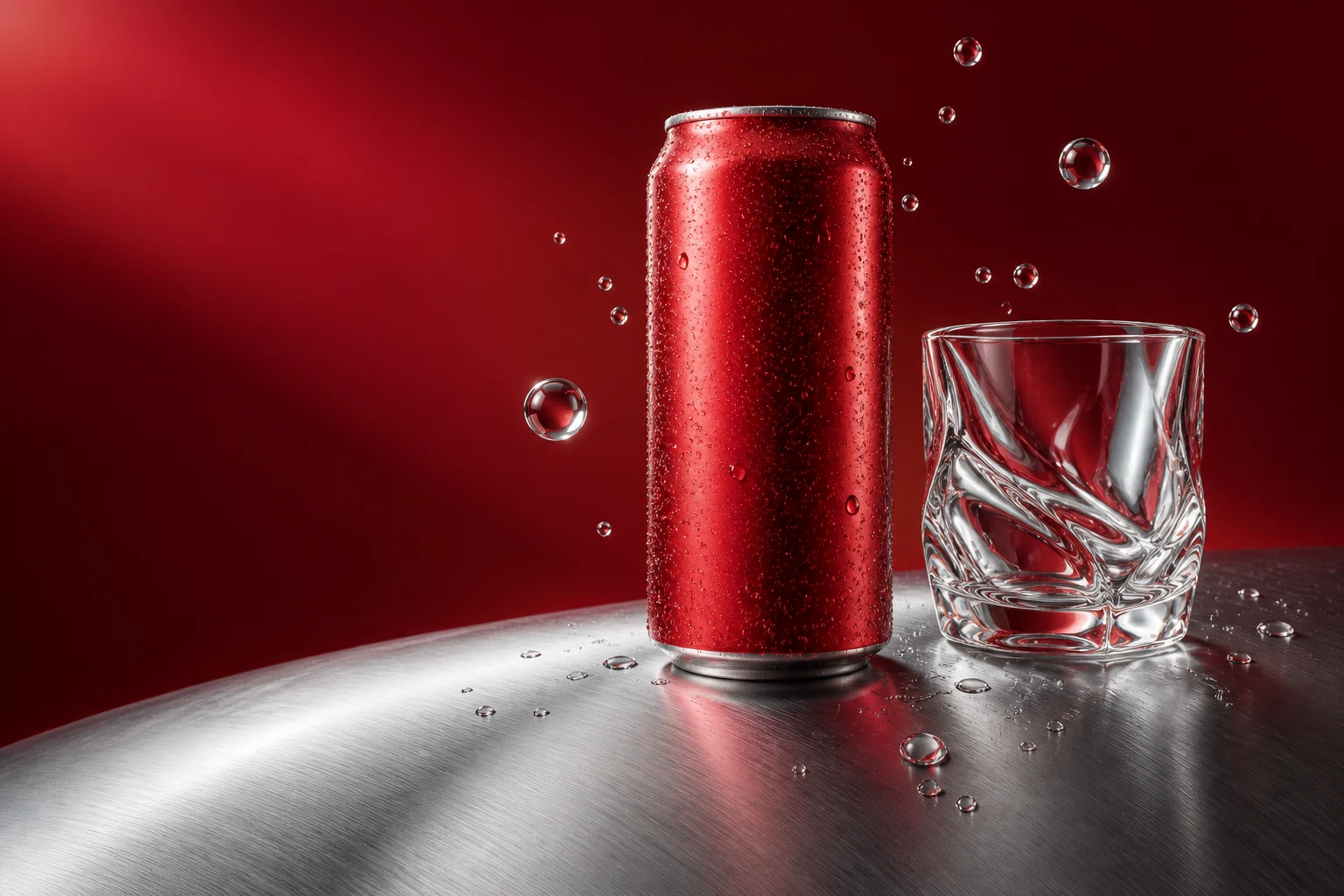 Cherry-red aluminum can, clear glass and suspended water droplets on a silver surface